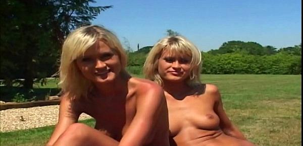  Twin babes likes to share a man and fuck outdoors